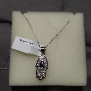 Sterling Silver Hamsa Hand Pendant Necklace - White
